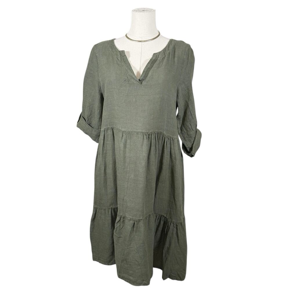 Francesca Bettini Olive Green Linen Tiered Tunic Dress Boho Swing Relaxed Fit S